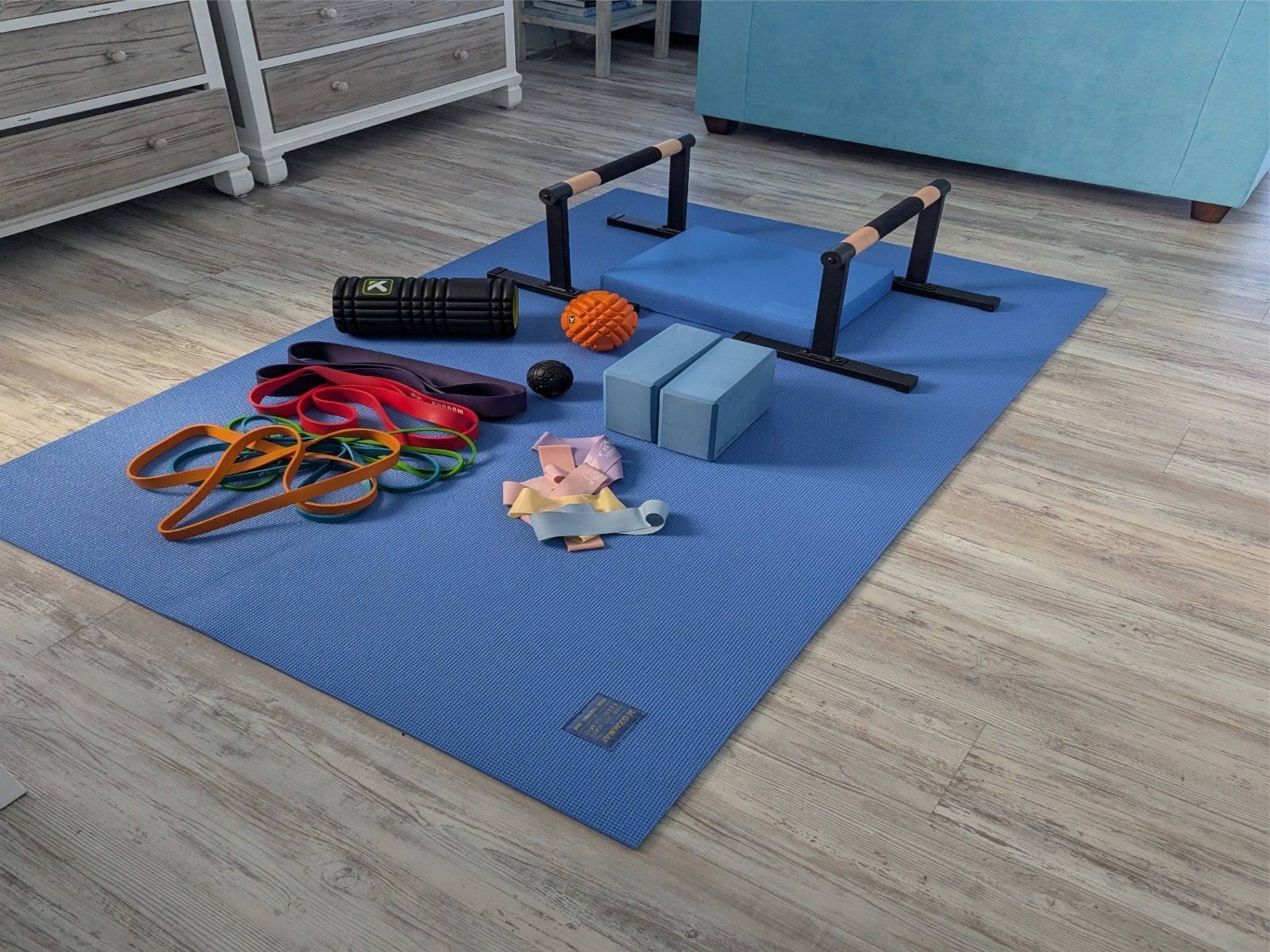 In-unit fitness gear at 728 Sands Beach Club — resistance bands, yoga blocks and mat, Myrtle Beach SC
